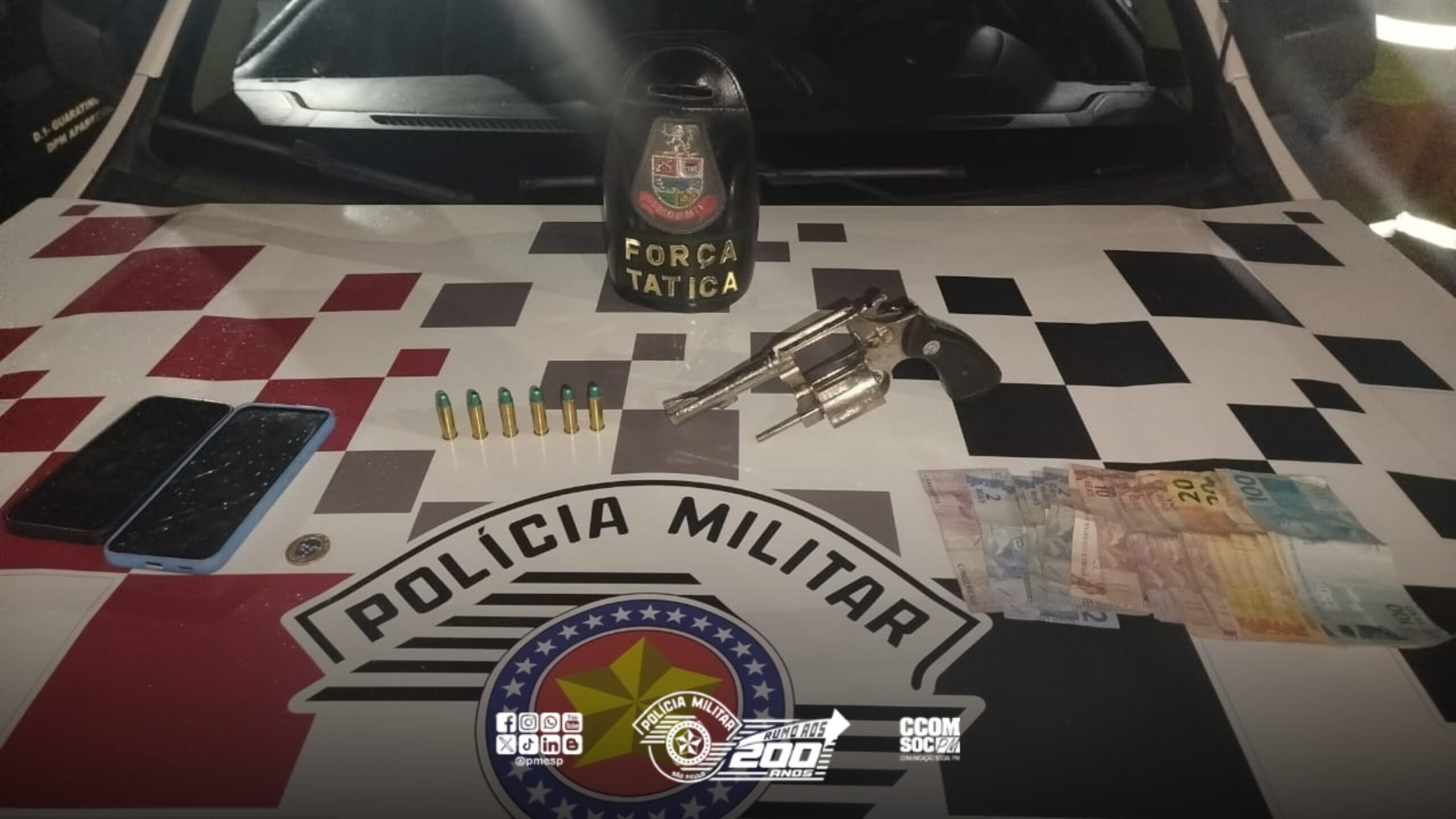Criminosos são presos e arma de fogo apreendida pela PM em Guaratinguetá/SP