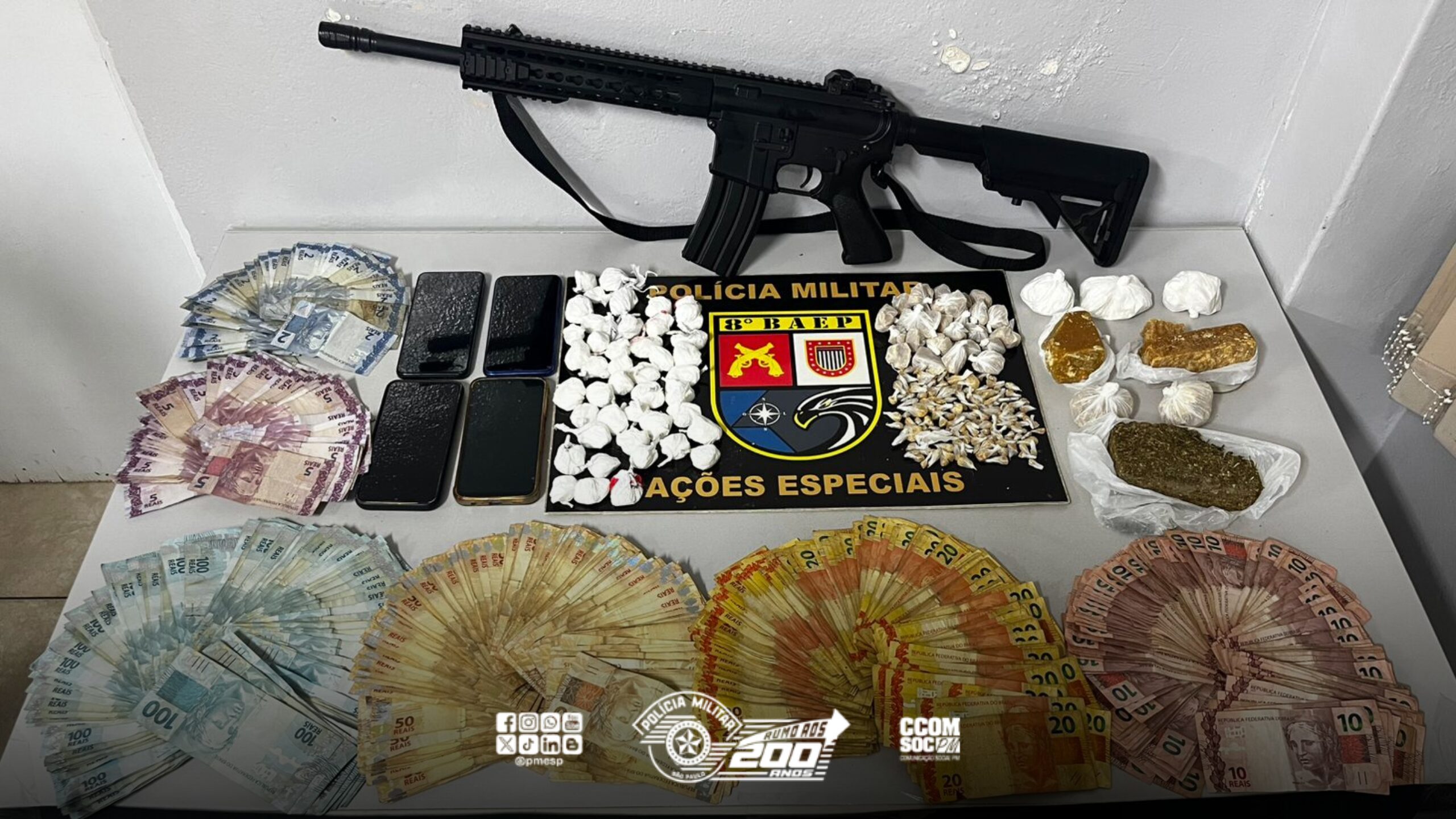 Drogas, simulacro de fuzil e mais de R$ 33 mil são apreendidos pela PM no interior de SP