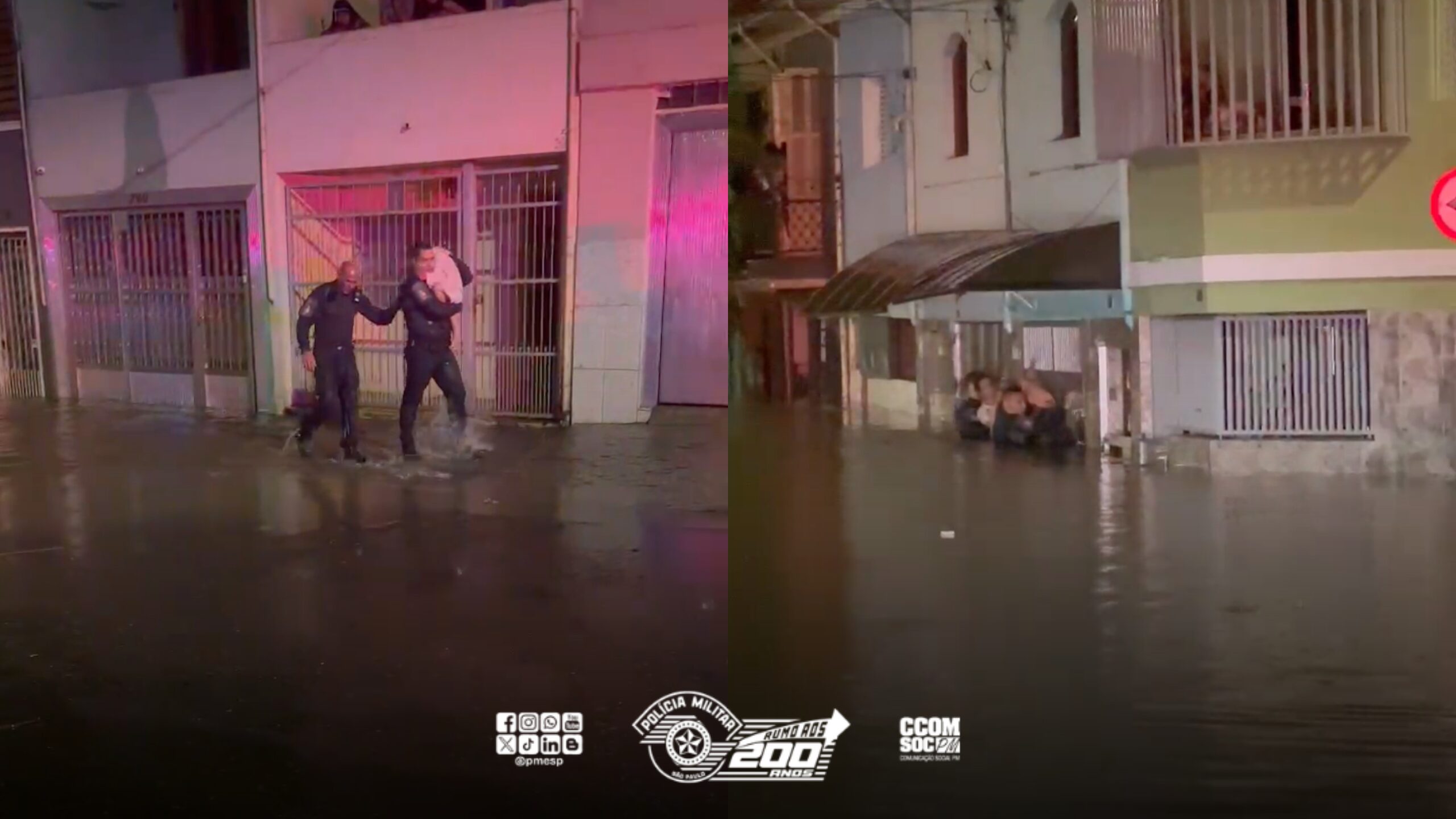 Nível da água sobe e policiais militares resgatam família que teve casa alagada pela chuva na zona leste de SP