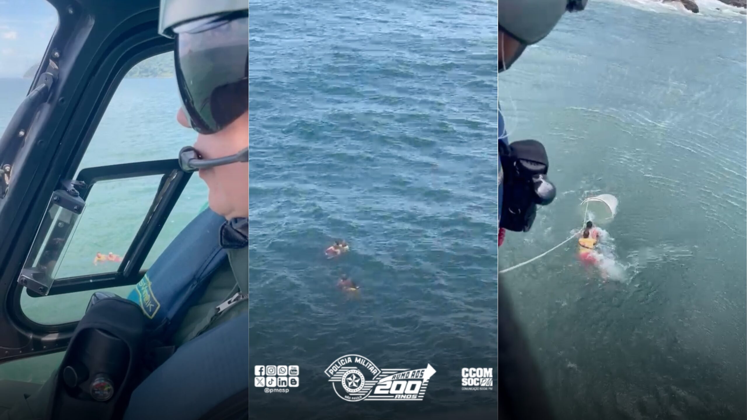 Banhistas que tentavam travessia entre praias no Guarujá/SP são resgatados pela PM e Bombeiros